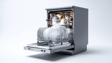 Modern stainless steel dishwasher with open door revealing clean white dishes and glassware on racks, showcasing efficient kitchen appliance technology for contemporary home cleaning solutions.の素材