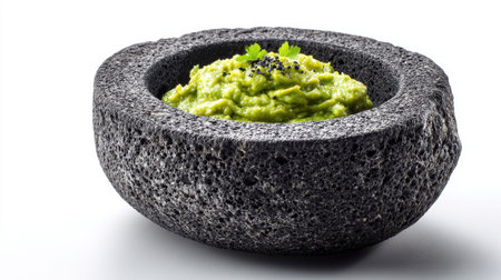 Fresh green avocado guacamole in traditional black volcanic stone molcajete bowl with cilantro garnish and black sesame seeds, showing authentic mexican cuisine preparation.の素材