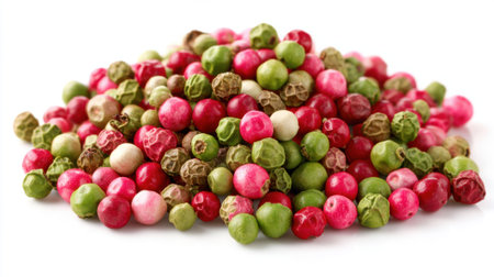 Colorful mix of pink, green, and white peppercorns scattered on white background. Aromatic spices for cooking, seasoning food, and culinary recipes with natural ingredients.の素材