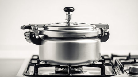 Modern stainless steel pressure cooker with black handles sitting on gas stove burner. Efficient kitchen appliance for fast cooking, preparing meals and saving time with sealed lid.の素材