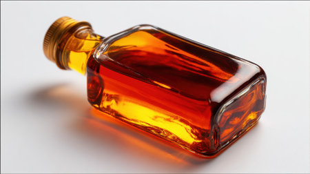 Luxury amber glass bottle lying horizontally with golden liquid inside premium whiskey rum or cognac product photography on white background.の素材