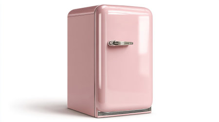 Retro style pink refrigerator with chrome handle and glossy finish, vintage inspired appliance design isolated on white studio background.の素材