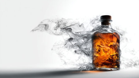 Premium whiskey bottle with smoke effect on minimalist background. Luxury spirits and alcoholic beverage concept with dramatic artistic lighting design.の素材