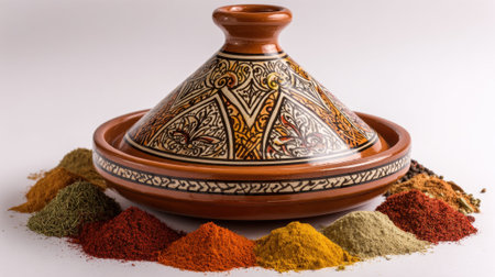 Traditional moroccan tagine pot with colorful aromatic spices including turmeric, paprika and cumin. Authentic north african cooking vessel and seasoning ingredients.の素材