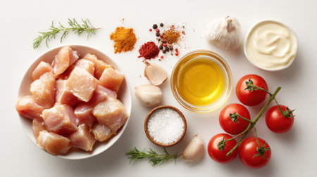 Raw chicken breast pieces with fresh ingredients including olive oil, garlic, tomatoes, herbs, and spices arranged for cooking on white background.の素材