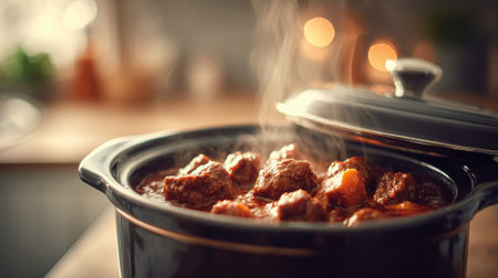 Slow cooker with simmering stew containing meatballs in rich sauce, steam rising from black ceramic pot with glass lid in warm kitchen setting with soft bokeh lights.の素材