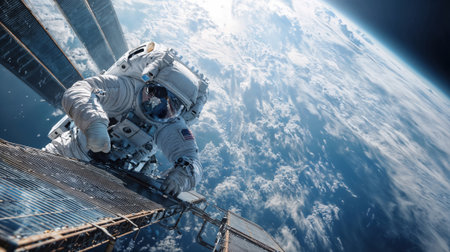 Astronaut performing spacewalk during extravehicular activity outside International Space Station with Earth's blue atmosphere and clouds visible below.の素材