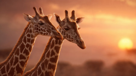Two giraffes with necks intertwined against golden sunset sky creating romantic silhouette. African wildlife and animal connection in natural habitat concept.の素材