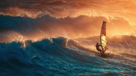 Windsurfer riding dramatic ocean waves during golden sunset with powerful spray and glowing sky creating epic adventure sports moment.の素材