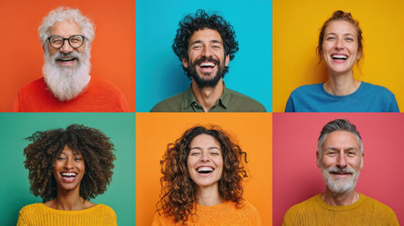 Six diverse happy people smiling at camera on vibrant colored backgrounds in grid layout showing joy and positive emotions across generations.の素材