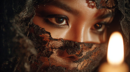 Mysterious portrait of woman with intense brown eyes behind elegant black lace veil illuminated by soft candlelight creating dramatic shadows and romantic mood.の素材