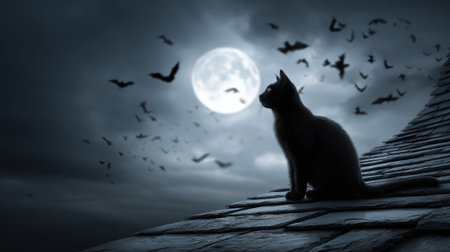 Black cat silhouette sits on weathered wooden roof under full moon with flying bats and crosses creating spooky Halloween night scene in moody blue tones.の素材