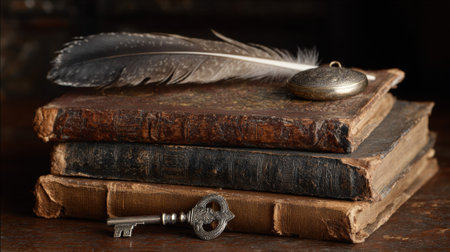 Antique leather-bound books stacked with vintage key, ornate pocket watch, and delicate feather creating nostalgic still life composition on weathered surface.の素材