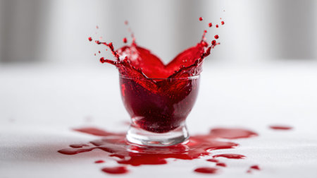 Dynamic red liquid splash crown formation in glass against white background, capturing vibrant motion of juice or wine droplets in freeze frame.の素材