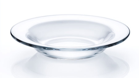 Elegant clear glass shallow bowl with smooth curved design and reflective surface, minimalist tableware on white background with subtle shadow.の素材