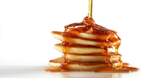 Stack of fluffy pancakes dripping with golden maple syrup creating indulgent breakfast food photography with dramatic pour and sweet glaze.の素材