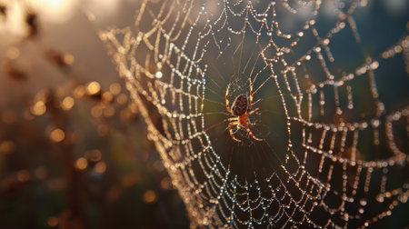 Delicate spider web adorned with morning dew droplets glistens in golden sunrise light, with spider at center creating nature's perfect geometric pattern in autumn wilderness.の素材