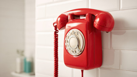 Classic vintage red rotary dial telephone mounted on white tiled wall, retro communication device with coiled cord and nostalgic design element.の素材