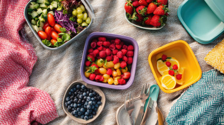 Colorful meal prep containers with fresh fruits, vegetables, and healthy snacks arranged on textured surface for balanced nutrition and organized eating.の素材