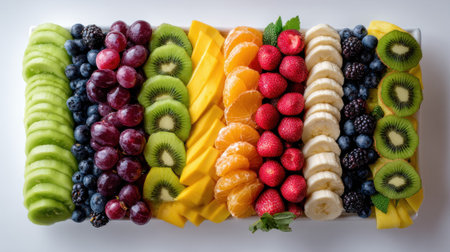 Colorful fruit platter with berries, tropical fruits, and kiwi arranged in rows. Rainbow food board with fresh organic produce. Healthy party snack or buffet display concept.の素材
