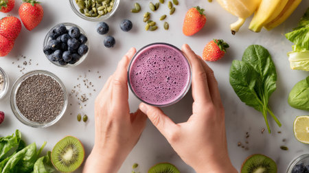 Hands holding purple berry smoothie surrounded by fresh ingredients including blueberries, strawberries, chia seeds, spinach and banana for healthy lifestyle.の素材