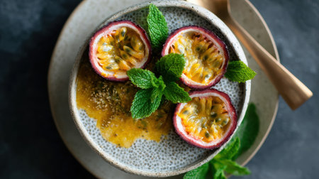 Chia seed pudding topped with fresh passion fruit halves and mint leaves in ceramic bowl. Healthy breakfast dessert concept with tropical exotic fruits.の素材