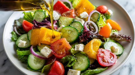 Mediterranean Greek salad with olive oil being poured over fresh cucumbers, tomatoes, peppers, feta cheese, red onions, and mixed greens in white bowl for healthy vegetarian meal preparation.の素材