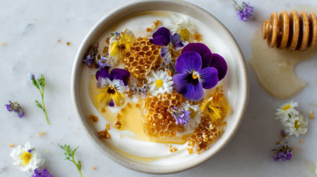 Bowl of Greek yogurt topped with edible flowers, honeycomb, and golden honey drizzle on elegant ceramic plate with rustic styling.の素材