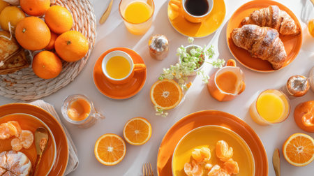 Colorful breakfast table with fresh oranges, croissants, orange juice, coffee, and citrus fruits in bright orange themed styling.の素材