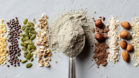 Assortment of protein powders and superfoods including seeds, nuts, and nutritional supplements arranged overhead on white surface for healthy lifestyle.の素材