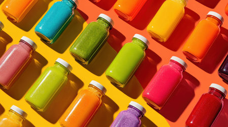 Colorful fresh smoothies and juices in bottles arranged diagonally on vibrant orange and yellow background, showcasing healthy rainbow beverage collection.の素材