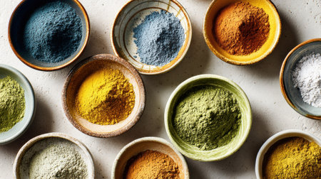 Collection of colorful superfood powder supplements in ceramic bowls including spirulina, matcha, turmeric, and protein powders arranged on white surface, healthy nutrition ingredients concept.の素材