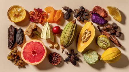Assortment of dried fruits, vegetables, citrus slices, and exotic ingredients arranged on neutral background for culinary and natural food preservation concept.の素材