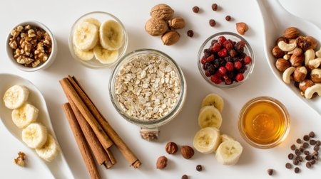 Healthy breakfast ingredients with oats, banana slices, mixed nuts, berries, honey and cinnamon sticks on white background for nutritious meal preparation and clean eating.の素材