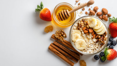 Healthy breakfast bowl with oats, banana slices, almonds, walnuts, and honey drizzled on top with fresh strawberries and blueberries arranged on white surface.の素材