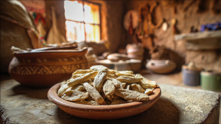 Traditional homemade dried flatbreads stacked on wooden plate in rustic kitchen setting with vintage pottery and warm natural sunlight streaming through window.の素材