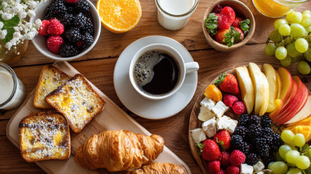 Continental breakfast spread with coffee, croissants, french toast, fresh berries, fruits and cheese on wooden table creating inviting morning meal composition.の素材