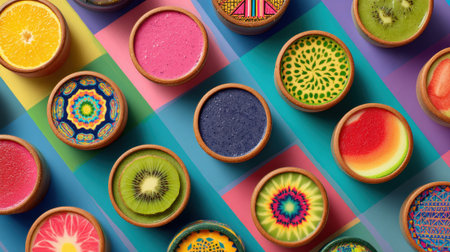 Colorful smoothie bowls and fruit tarts arranged on vibrant geometric background. Creative healthy desserts with natural ingredients and decorative patterns for wellness lifestyle.の素材