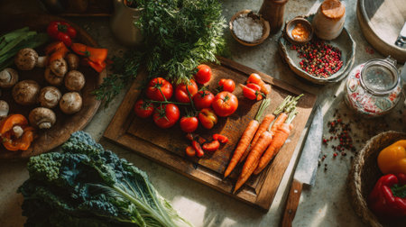 Fresh organic vegetables and herbs on rustic wooden cutting board. Healthy cooking ingredients including tomatoes, carrots, mushrooms and kale for homemade farm to table meals.の素材