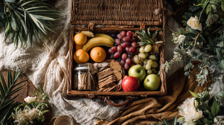Elegant wicker picnic basket filled with fresh fruits, grapes, apples, crackers, and flowers arranged on soft linen surrounded by botanical greenery and roses.の素材