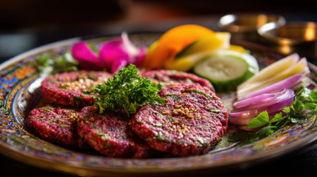 Traditional raw minced meat dish garnished with fresh herbs and seeds, served on decorative plate with colorful vegetables. Middle Eastern appetizer cuisine.の素材