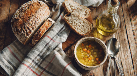 Rustic artisan sourdough bread sliced on wooden board with hearty vegetable soup, olive oil bottle, and linen napkin for wholesome homemade comfort meal.の素材
