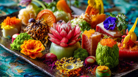 Exquisite Japanese vegetable carving art displays vibrant edible flowers, lotus blooms, and intricate garnishes arranged on traditional ceramic platter with colorful details.の素材