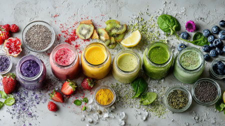 Healthy fruit smoothies with vibrant ingredients displayed.の素材