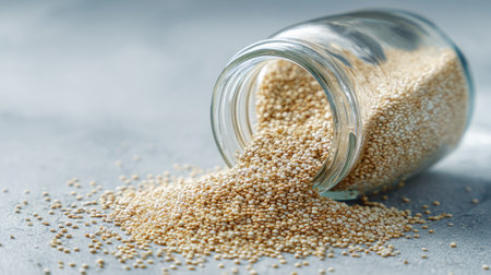 Raw quinoa spilling from glass jar onto a gray background.の素材