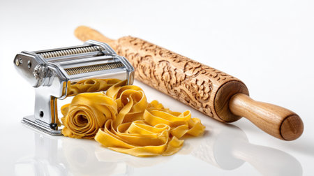 Pasta maker with rolling pin and fresh homemade egg noodles.の素材