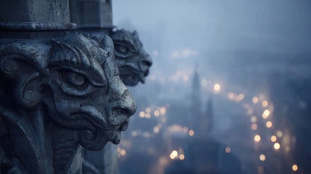 Stone gargoyle statue on gothic cathedral with blurred city lights.の素材
