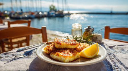 Golden fried cheese served with lemon at a sunny seaside restaurant.の素材