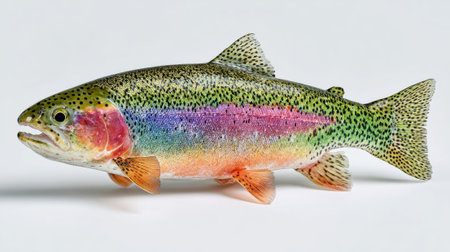 Rainbow trout shines with vibrant colors on white background.の素材