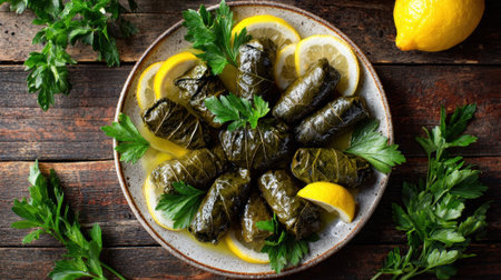 Dolmades served with fresh lemon slices and parsley on a rustic wooden table.の素材